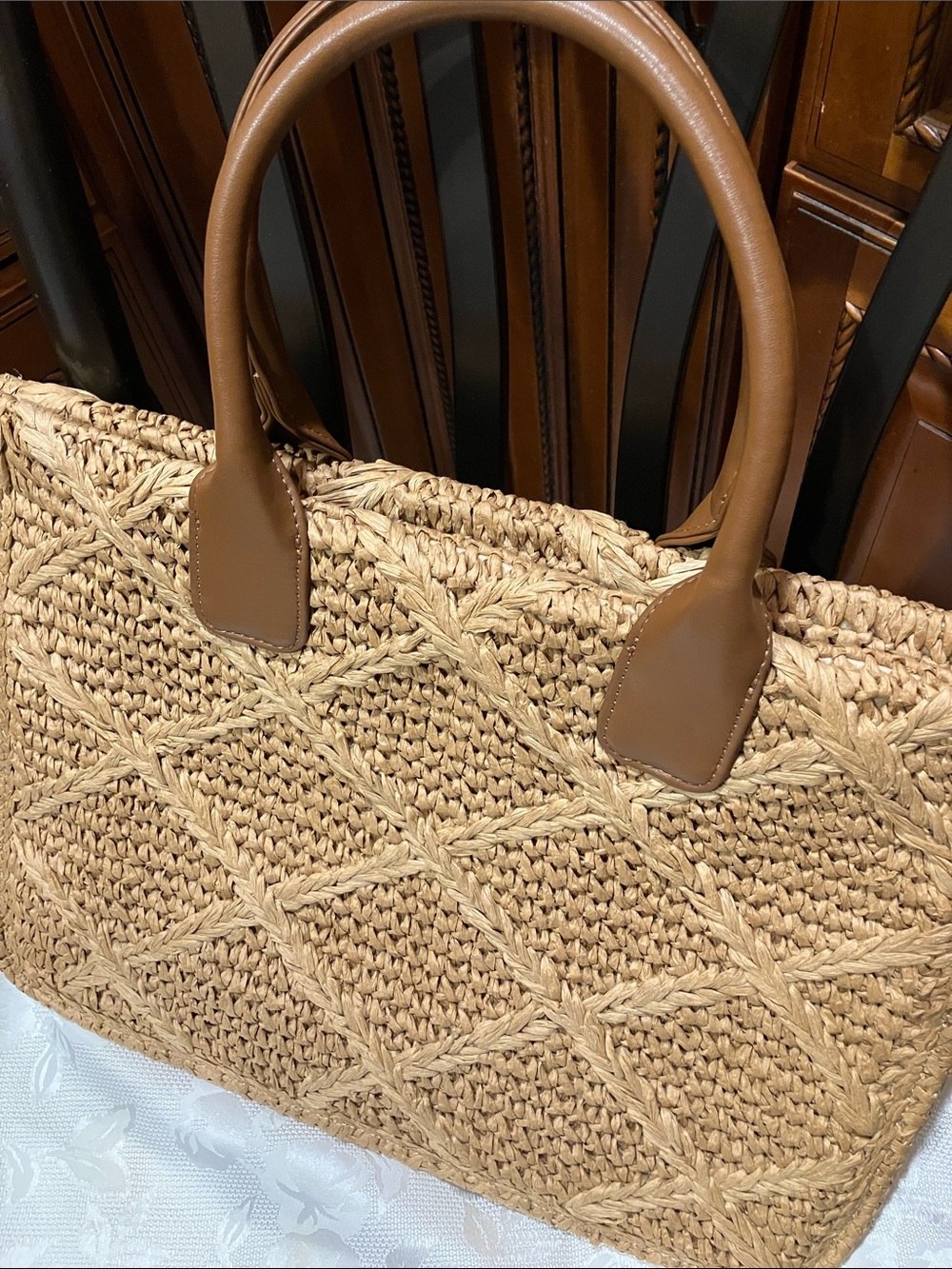 Vince Camuto Woven Straw Tote in Natural with Brown Handles